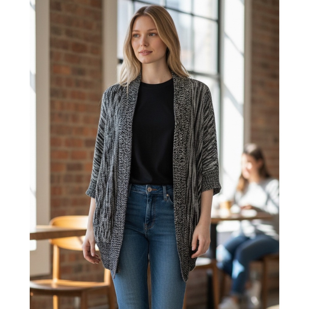 The LOFT Marled Knit Open Front Kimono Cardigan Sweater Medium Black‎ White